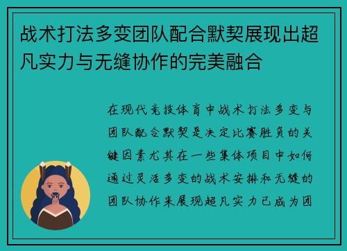 战术打法多变团队配合默契展现出超凡实力与无缝协作的完美融合