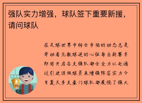 强队实力增强，球队签下重要新援，请问球队