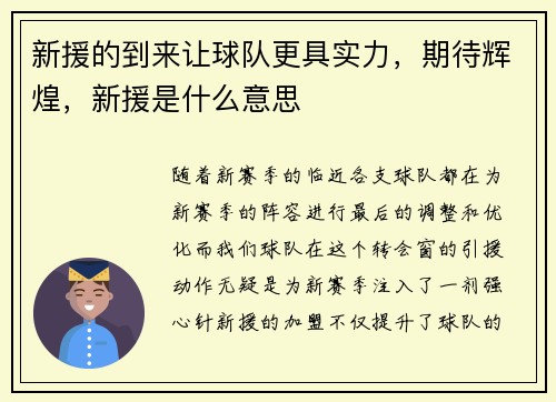 新援的到来让球队更具实力，期待辉煌，新援是什么意思