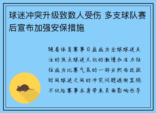 球迷冲突升级致数人受伤 多支球队赛后宣布加强安保措施