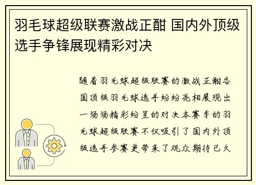羽毛球超级联赛激战正酣 国内外顶级选手争锋展现精彩对决