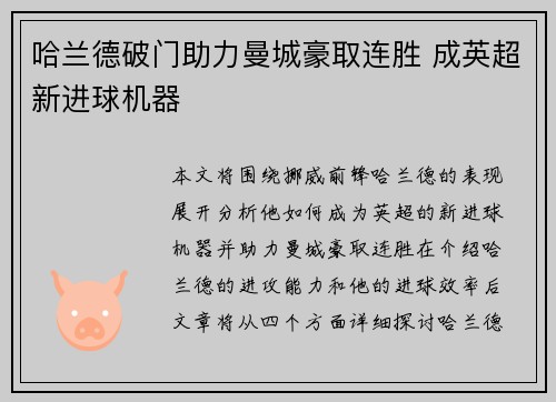 哈兰德破门助力曼城豪取连胜 成英超新进球机器